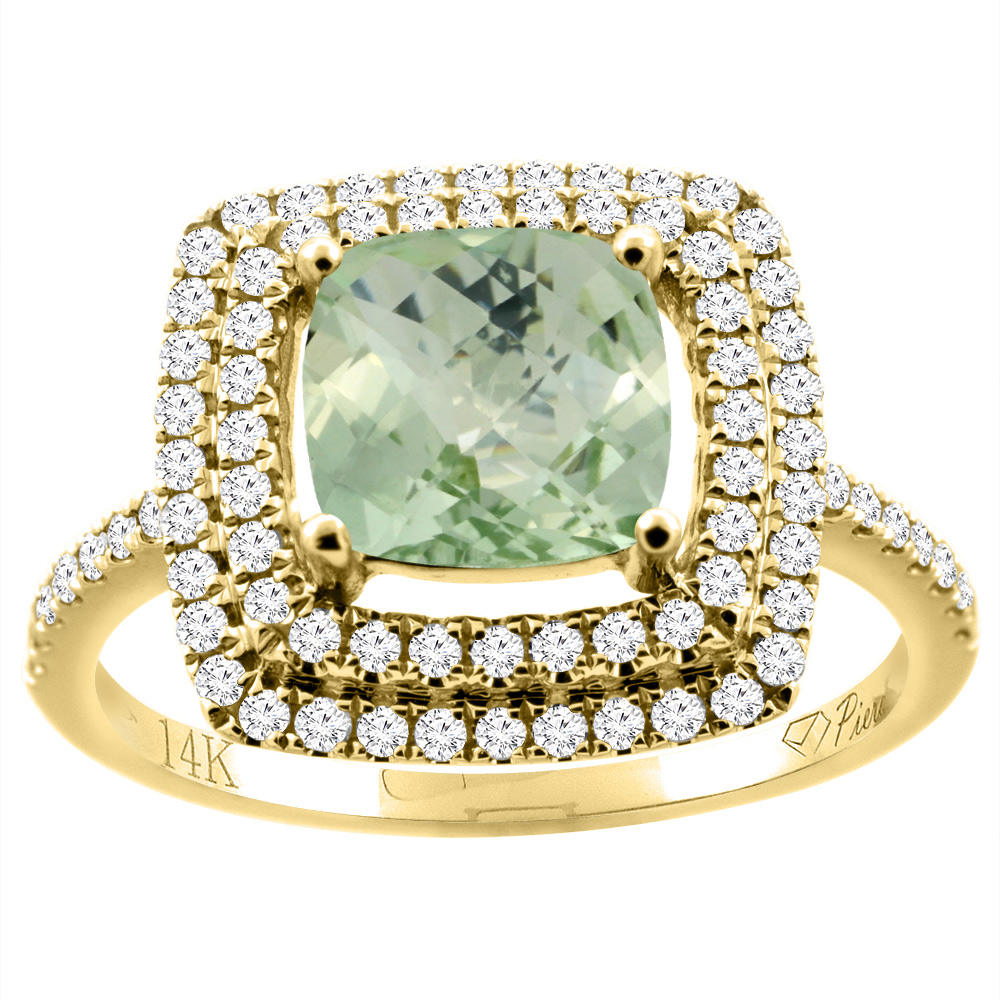 Sabrina Silver 14K Gold Natural Green Amethyst Ring Cushion Cut 7x7 mm Double Halo Diamond Accents, sizes 5 - 10