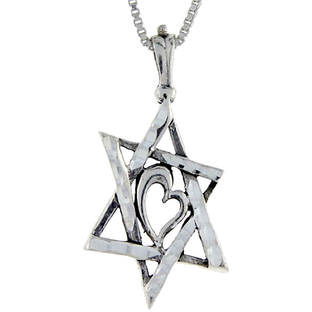 Sabrina Silver Sterling Silver Star of David with Heart Pendant, 1 1/2 inch tall