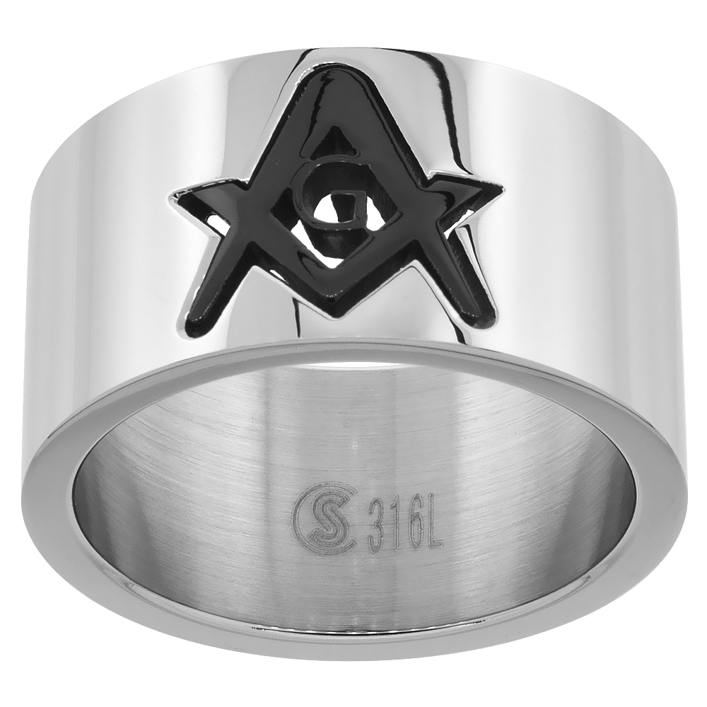 Sabrina Silver Stainless Steel Masonic Symbol Wedding Band Ring 12mm Square & Compass Black Flat Polished, sizes 9 - 12