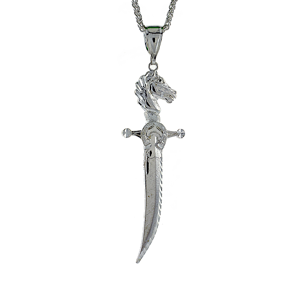 Sabrina Silver 3 1/2 inch Large Sterling Silver Sword with Horse Hilt Pendant for Men Diamond Cut finish