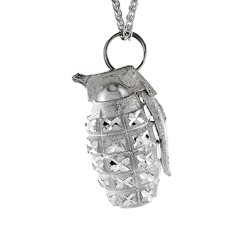 Sabrina Silver 2 3/16 inch Large Sterling Silver Hand Grenade Pendant for Men Diamond Cut finish
