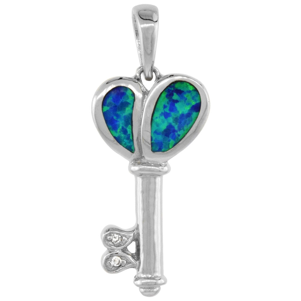 Sabrina Silver Sterling Silver Synthetic Opal Heart Key Pendant for Women CZ Accent Hand Inlay 1 inch