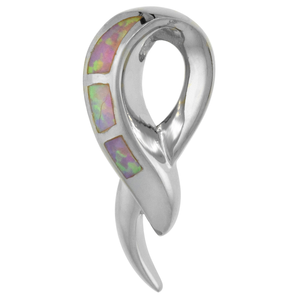 Sabrina Silver Sterling Silver Synthetic Pink Opal Breast Cancer Awareness Ribbon Pendant Hand Inlay 1 inch tall