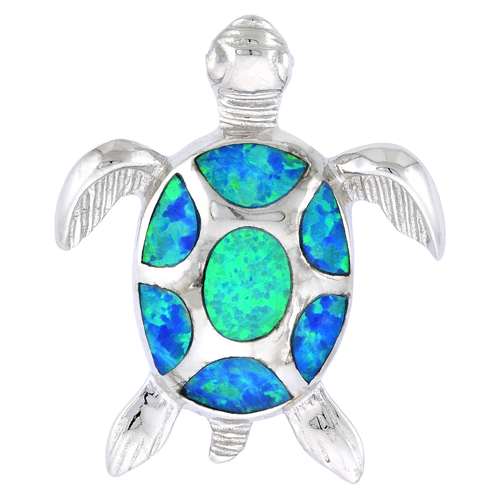 Sabrina Silver Sterling Silver Synthetic Opal Sea Turtle Pendant for Women Hand Inlay 1 inch Tall