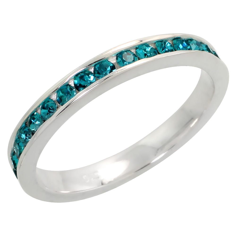 Sabrina Silver Sterling Silver Stackable Eternity Band, December Birthstone, Blue Topaz Crystals, 1/8" (3 mm) wide