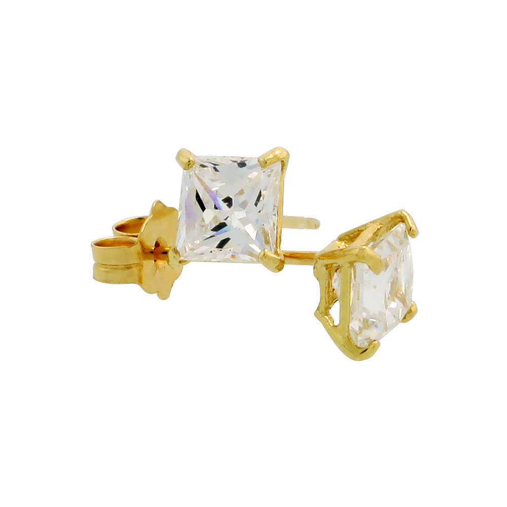 Sabrina Silver 14K Yellow Gold Square Cubic Zirconia Earrings Studs 4 mm Princess cut Basket Setting 3/4 carats/pr