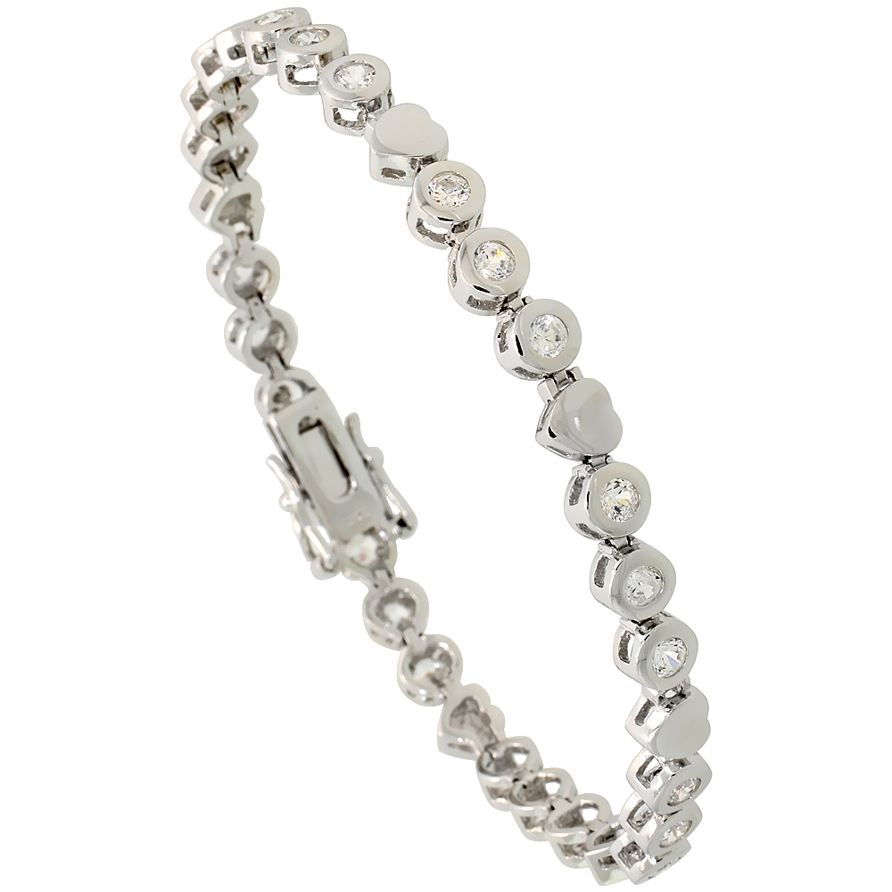 Sabrina Silver Sterling Silver 1.5 Carat size Bezel Set CZ Tennis Bracelet with Heart Links, 3/16 inch wide