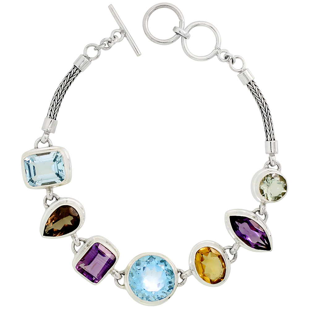 Sabrina Silver Sterling Silver Bali Style Byzantine Toggle Bracelet, w/ Brilliant Cut 14mm & Emerald Cut 12x10mm Blue Topaz, Marquise Cut 15x8m