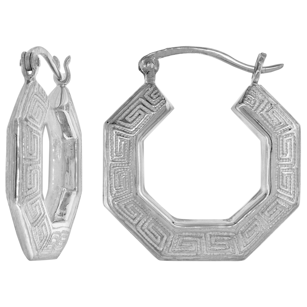 Sabrina Silver Sterling Silver Medium Greek-key Hoop Earrings for Women Click Top High Polished 1 inch