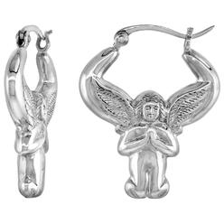 Sabrina Silver Sterling Silver Small Praying Angel Hoop Earrings for Women Click Top High Polished 1 inch