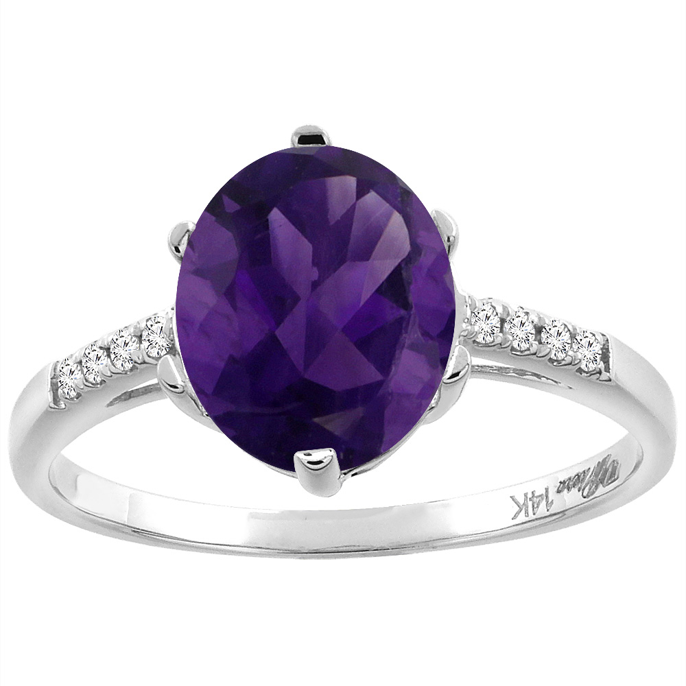 Sabrina Silver 14K White Gold Natural Amethyst & Diamond Ring Oval 10x8 mm, sizes 5-10