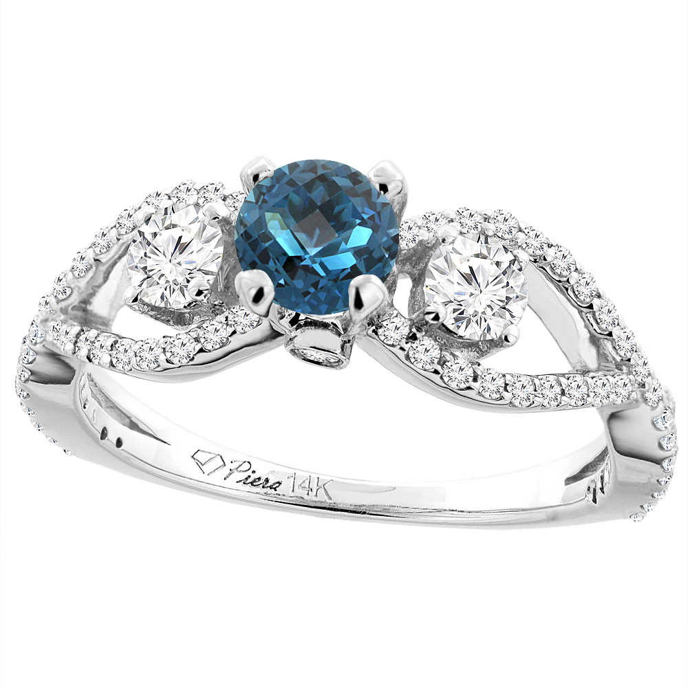 Sabrina Silver 14K White Gold Natural London Blue Topaz & Diamond Ring Round 6 mm, sizes 5-10