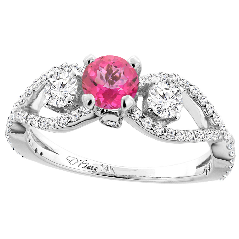 Sabrina Silver 14K White Gold Natural Pink Topaz & Diamond Ring Round 6 mm, sizes 5-10