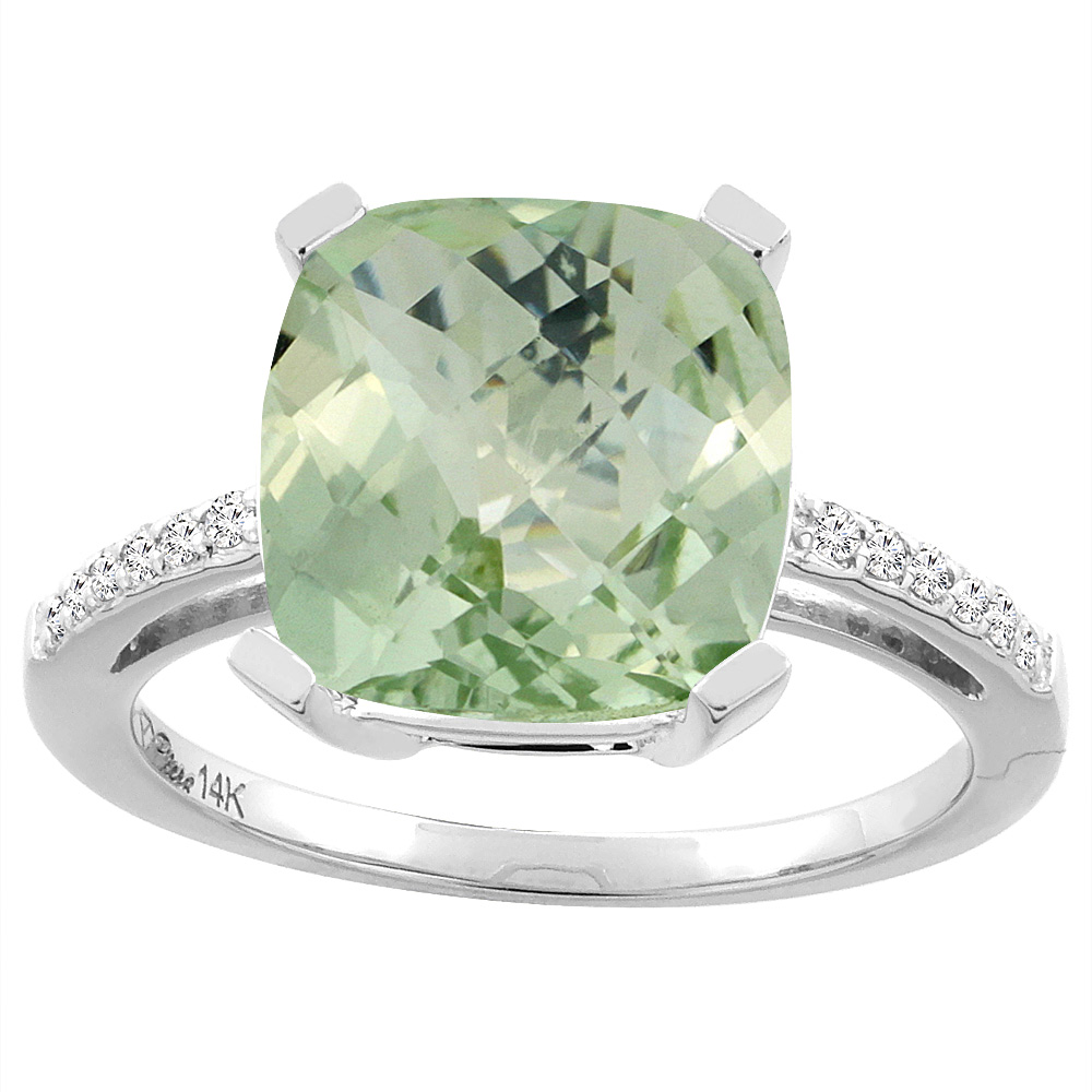 Sabrina Silver 14K White Gold Natural Green Amethyst & Diamond Ring Cushion-cut 12x10 mm, sizes 5-10
