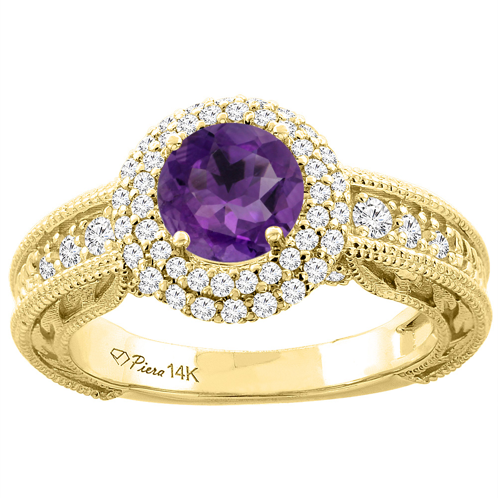 Sabrina Silver 14K Yellow Gold Natural Amethyst & Diamond Halo Ring Round 6 mm, sizes 5-10