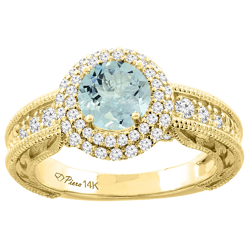 Sabrina Silver 14K Yellow Gold Natural Aquamarine & Diamond Halo Ring Round 6 mm, sizes 5-10