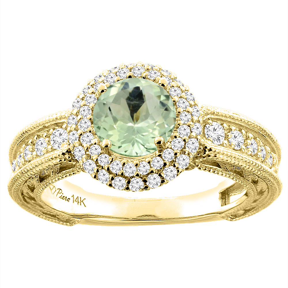 Sabrina Silver 14K Yellow Gold Natural Green Amethyst & Diamond Halo Ring Round 6 mm, sizes 5-10