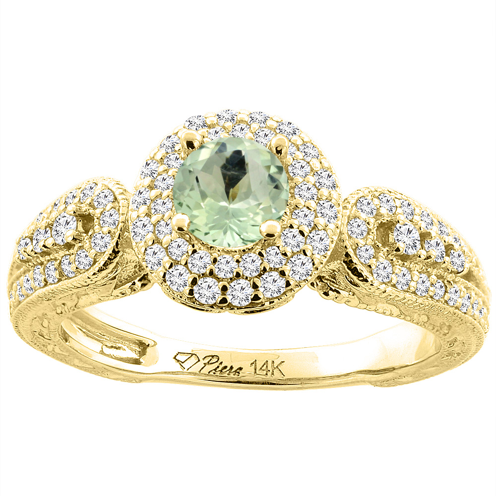 Sabrina Silver 14K Yellow Gold Natural Green Amethyst & Diamond Halo Ring Round 5 mm, sizes 5-10