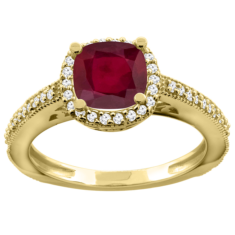 Sabrina Silver 14K Gold Enhanced Genuine Ruby Engagement Ring Diamond Halo Cushion-cut 7x7mm, sizes 5 - 10