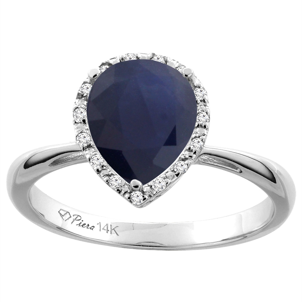 Sabrina Silver 14K White Gold Natural Blue Sapphire & Diamond Halo Engagement Ring Pear Shape 9x7 mm, sizes 5-10
