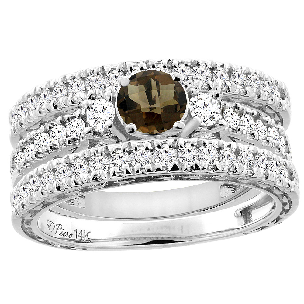 Sabrina Silver 14K White Gold Diamond Natural Smoky Topaz Engagement 3-pc Ring Set Engraved Round 6 mm, sizes 5 - 10