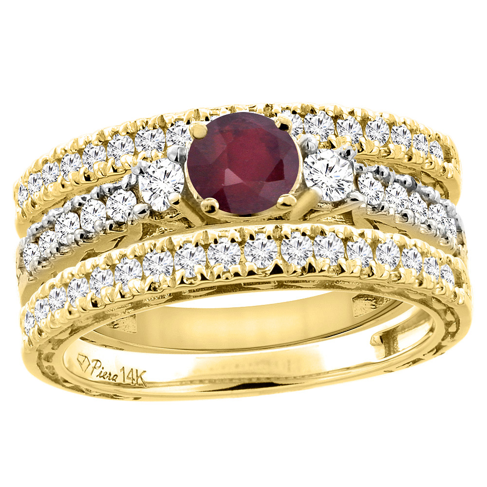 Sabrina Silver 14K Yellow Gold Diamond Enhanced Ruby Engagement 3-pc Ring Set Engraved Round 6 mm, sizes 5 - 10