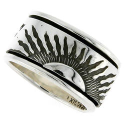 Sabrina Silver 12mm Sterling Silver Mens Spinner Ring Sun Rays Design Handmade 1/2 inch wide,