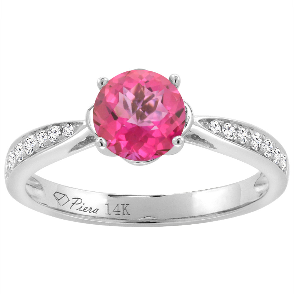 Sabrina Silver 14K White Gold Diamond Natural Pink Topaz Engagement Ring Round 7 mm, sizes 5-10