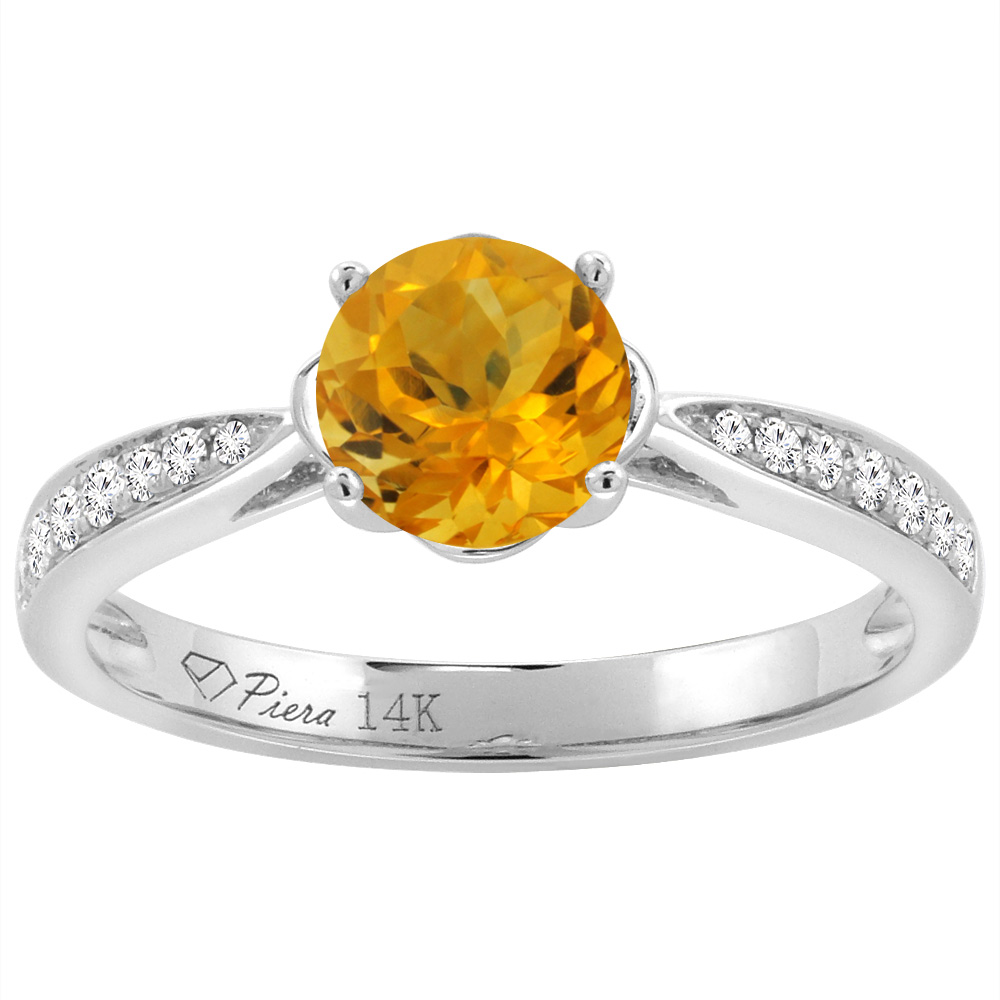 Sabrina Silver 14K White Gold Diamond Natural Citrine Engagement Ring Round 7 mm, sizes 5-10