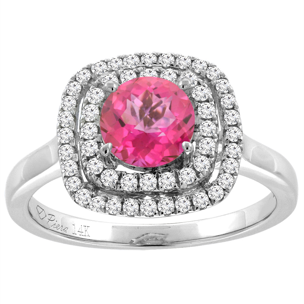 Sabrina Silver 14K White Gold Natural Pink Topaz Double Halo Diamond Engagement Ring Round 7 mm, sizes 5-10