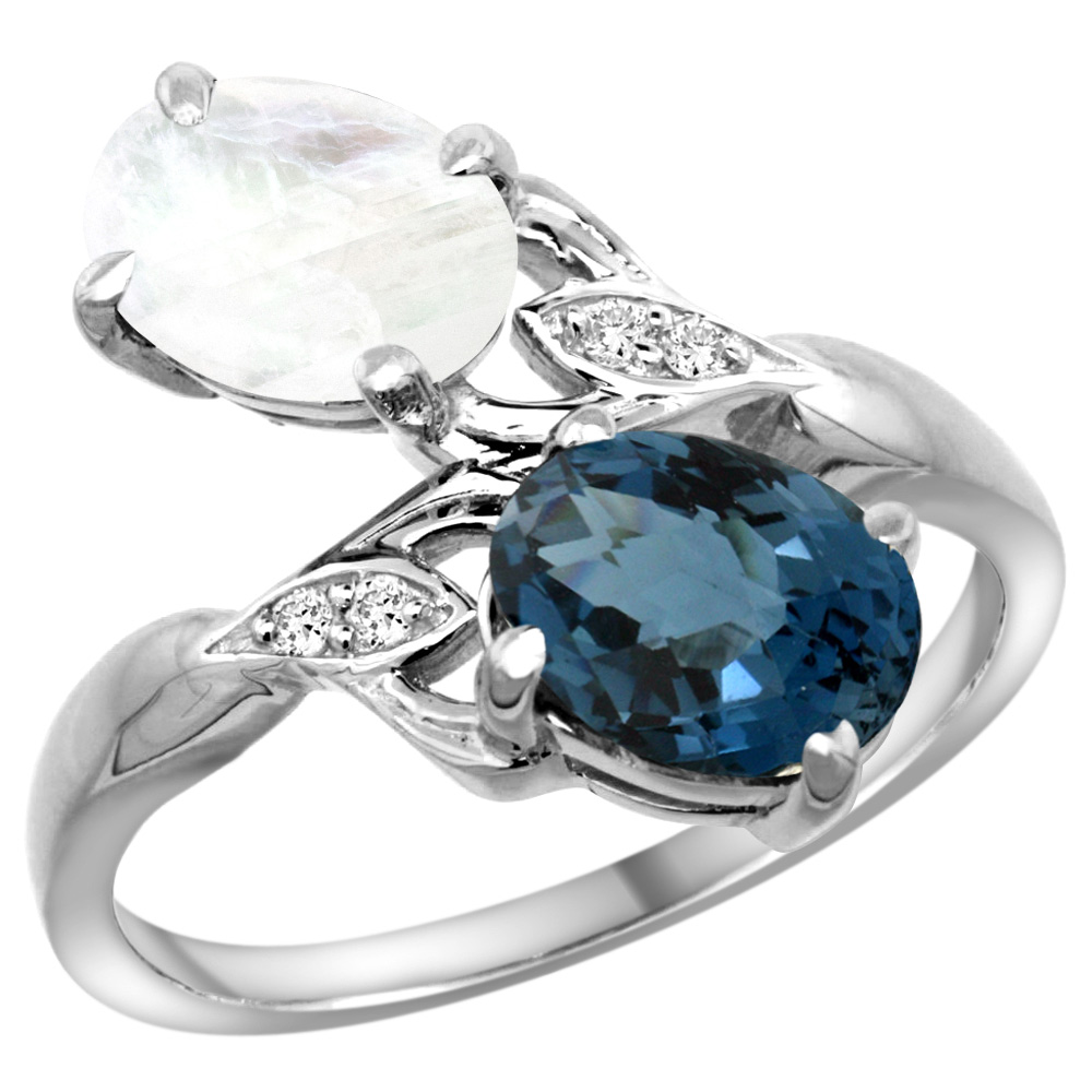 Sabrina Silver 10K White Gold Diamond Natural London Blue Topaz & Rainbow Moonstone 2-stone Ring Oval 8x6mm, sizes 5 - 10