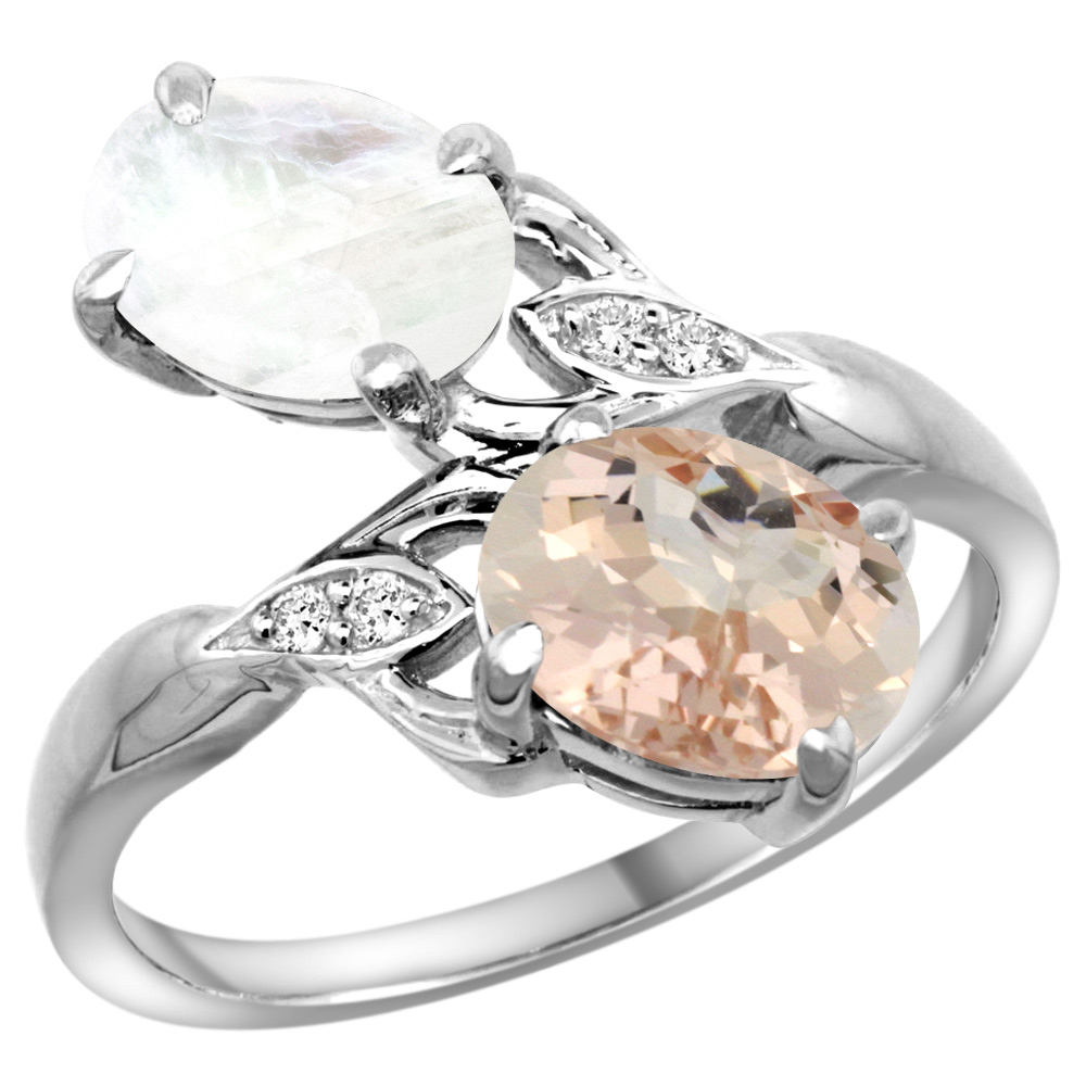 Sabrina Silver 10K White Gold Diamond Natural Morganite & Rainbow Moonstone 2-stone Ring Oval 8x6mm, sizes 5 - 10