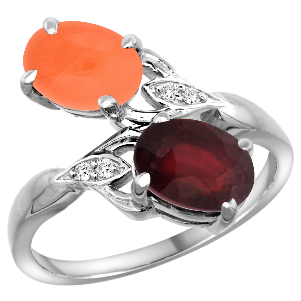 Sabrina Silver 10K White Gold Diamond Natural Quality Ruby & Orange Moonstone 2-stone Mothers Ring Oval 8x6mm, sz 5 - 10