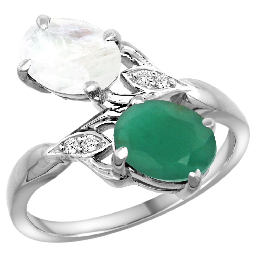 Sabrina Silver 10K White Gold Diamond Natural Quality Emerald&Rainbow Moonstone 2-stone Mothers Ring Oval 8x6mm,sz5 - 10