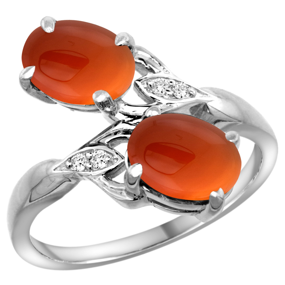 Sabrina Silver 10K White Gold Diamond Natural Brown Agate 2-stone Ring Oval 8x6mm, sizes 5 - 10