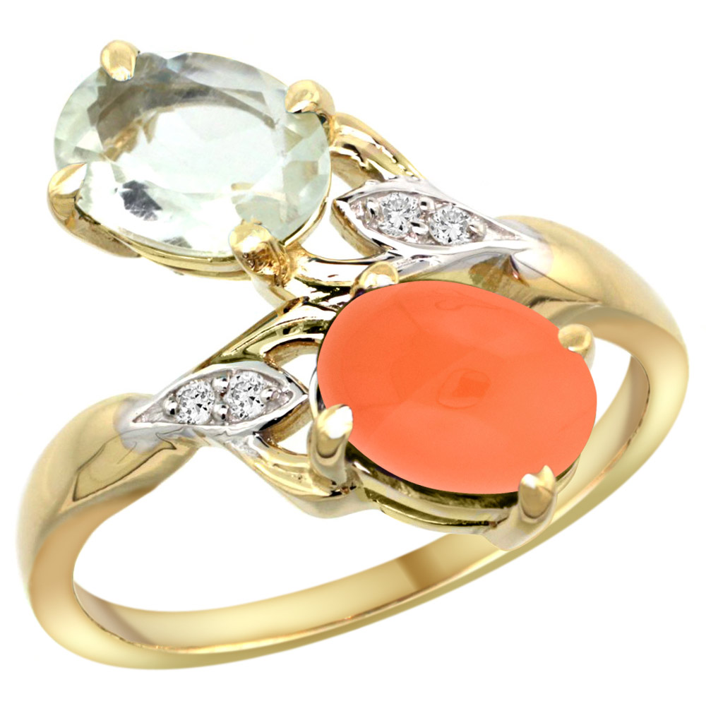 Sabrina Silver 10K Yellow Gold Diamond Natural Green Amethyst & Orange Moonstone 2-stone Ring Oval 8x6mm, sizes 5 - 10