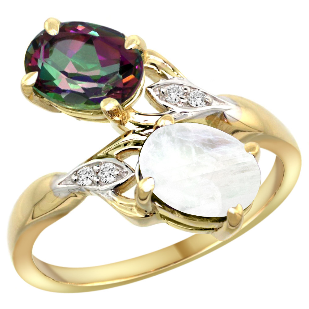 Sabrina Silver 10K Yellow Gold Diamond Natural Mystic Topaz & Rainbow Moonstone 2-stone Ring Oval 8x6mm, sizes 5 - 10