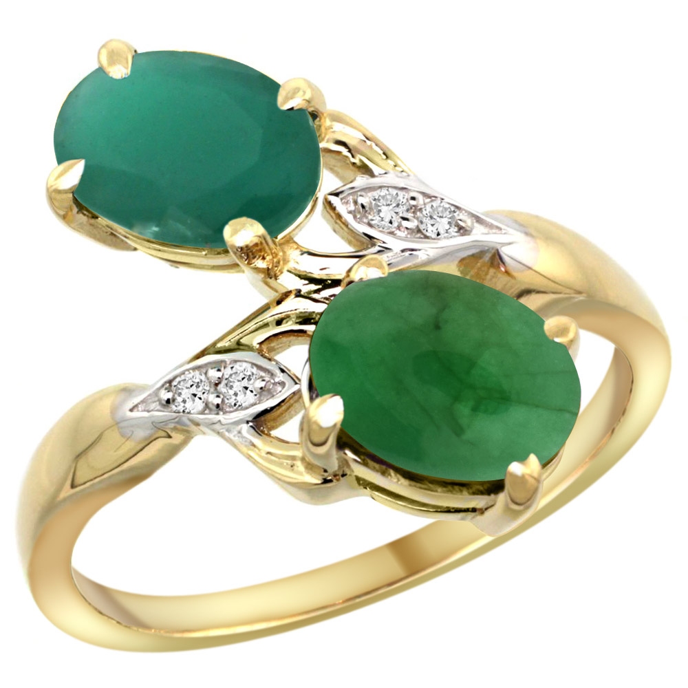 Sabrina Silver 10K Yellow Gold Diamond Natural Quality Emerald&Cabochon Emerald 2-stone Mothers Ring Oval 8x6mm,sz5 - 10