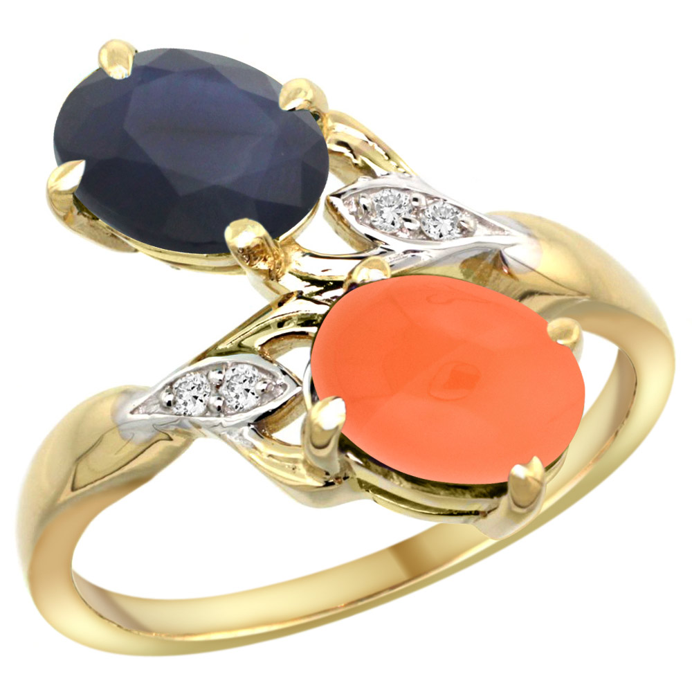 Sabrina Silver 10K Yellow Gold Diamond Natural Blue Sapphire & Orange Moonstone 2-stone Ring Oval 8x6mm, sizes 5 - 10