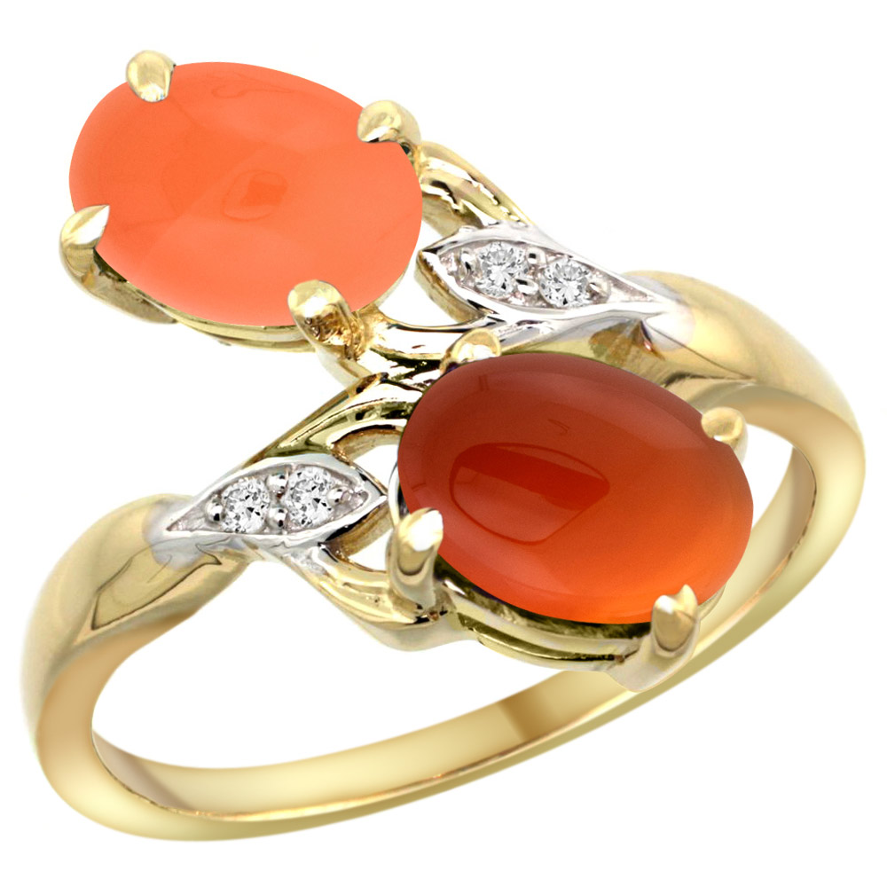 Sabrina Silver 10K Yellow Gold Diamond Natural Orange Moonstone & Brown Agate 2-stone Ring Oval 8x6mm, sizes 5 - 10