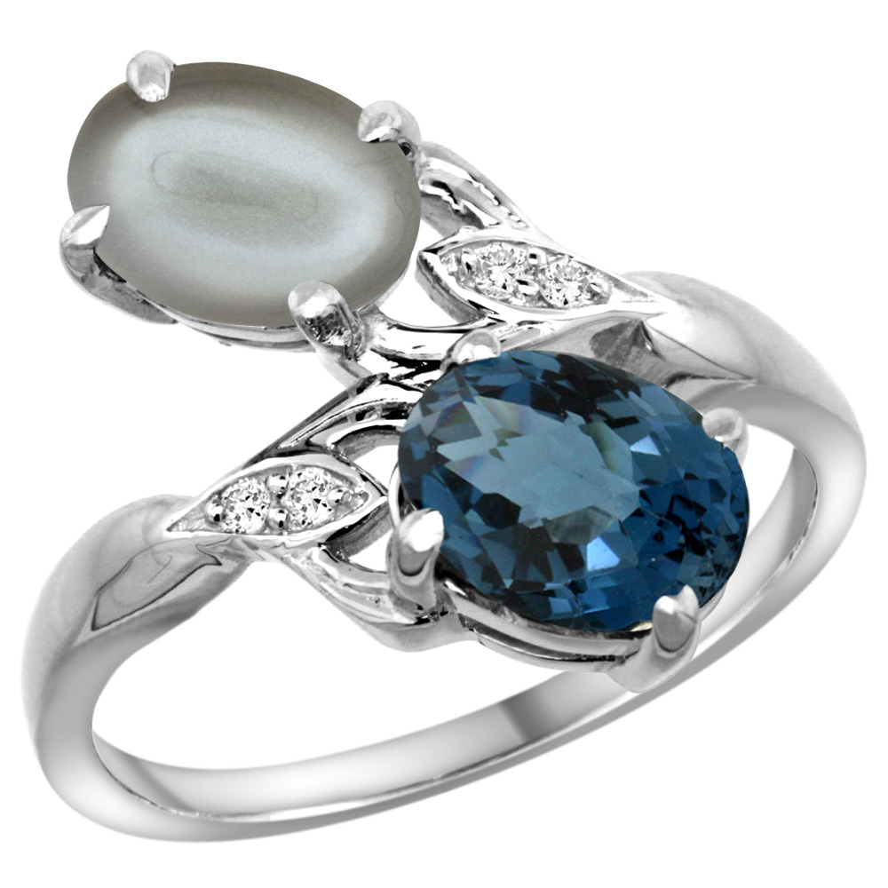 Sabrina Silver 14k White Gold Diamond Natural London Blue Topaz & Gray Moonstone 2-stone Ring Oval 8x6mm, sizes 5 - 10