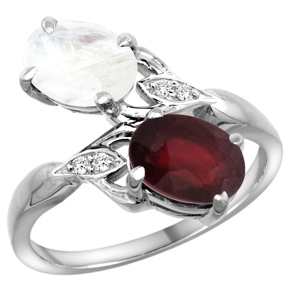 Sabrina Silver 14k White Gold Diamond Enhanced Genuine Ruby & Natural Rainbow Moonstone 2-stone Ring Oval 8x6mm, sizes 5 - 10