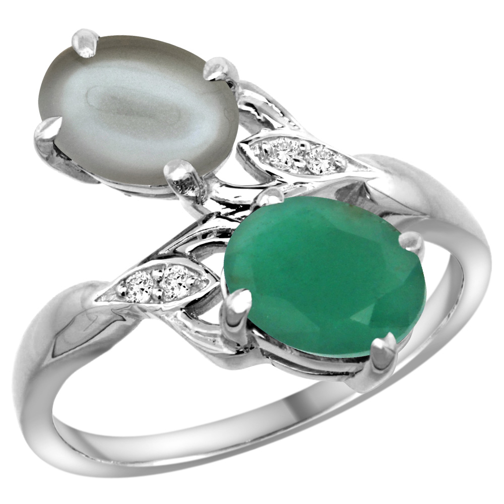 Sabrina Silver 14k White Gold Diamond Natural Quality Emerald & Gray Moonstone 2-stone Mothers Ring Oval 8x6mm,sz5 - 10