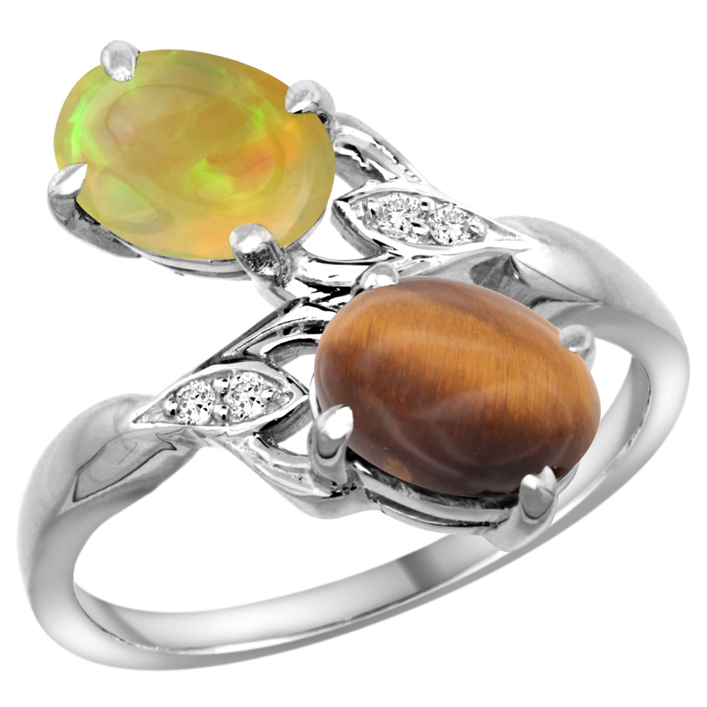 Sabrina Silver 14k White Gold Diamond Natural Tiger Eye & Ethiopian Opal 2-stone Mothers Ring Oval 8x6mm, size 5 - 10