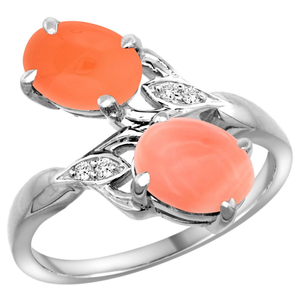 Sabrina Silver 14k White Gold Diamond Natural Coral & Orange Moonstone 2-stone Ring Oval 8x6mm, sizes 5 - 10