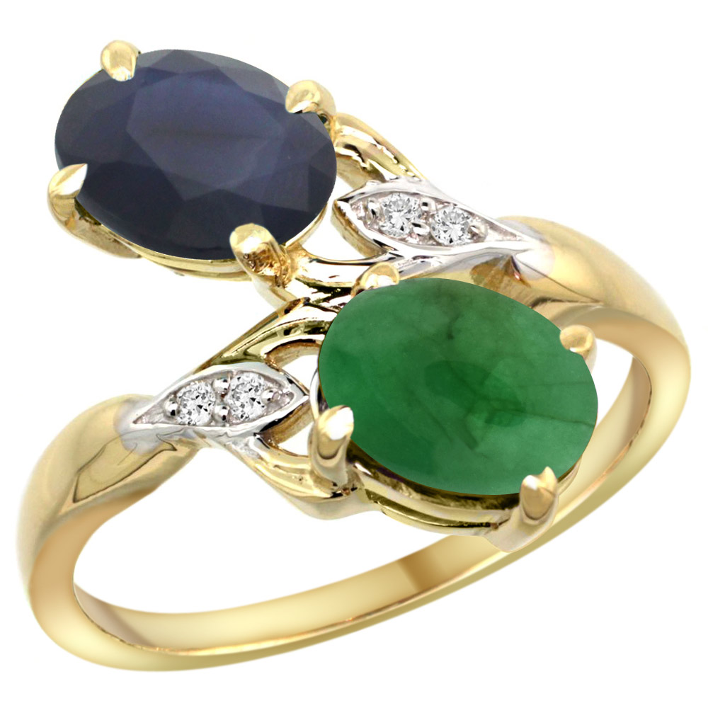 Sabrina Silver 14k Yellow Gold Diamond Natural Quality Blue Sapphire & Cabochon Emerald 2-stone Ring Oval 8x6mm,sz5-10