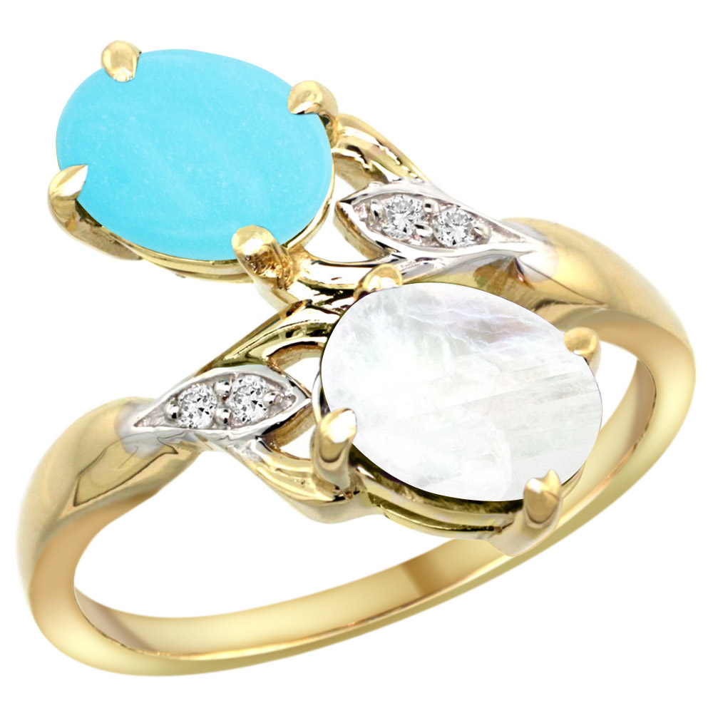 Sabrina Silver 14k Yellow Gold Diamond Natural Turquoise & Rainbow Moonstone 2-stone Ring Oval 8x6mm, sizes 5 - 10