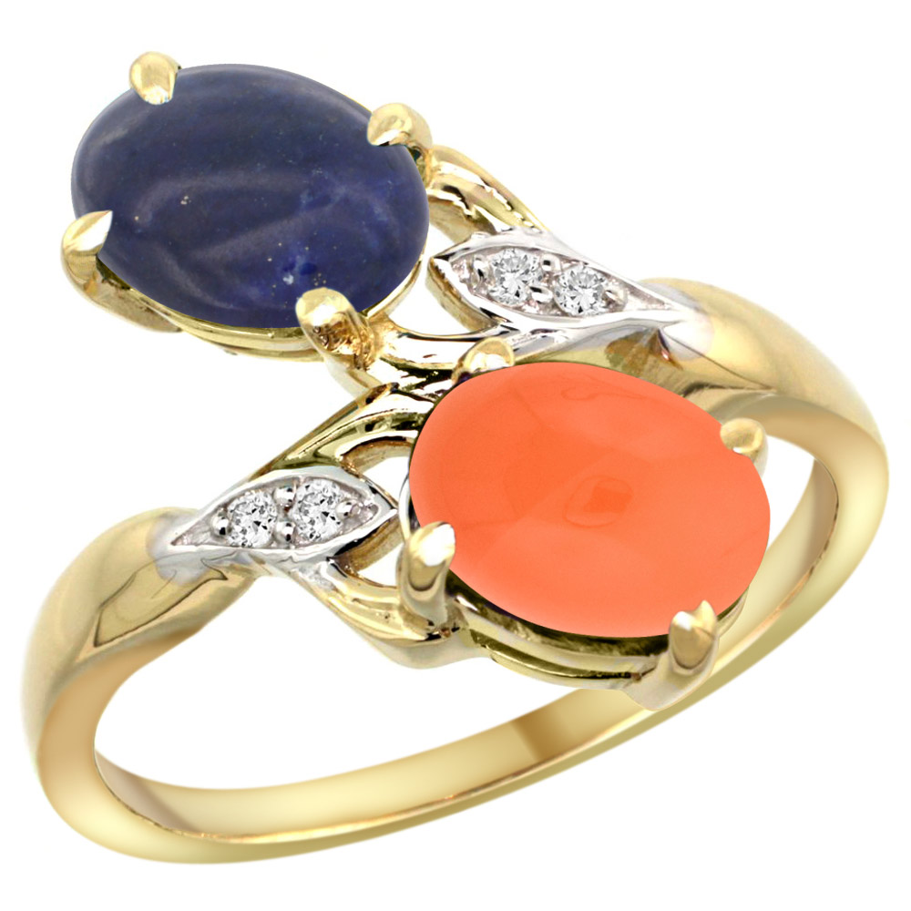 Sabrina Silver 14k Yellow Gold Diamond Natural Lapis & Orange Moonstone 2-stone Ring Oval 8x6mm, sizes 5 - 10