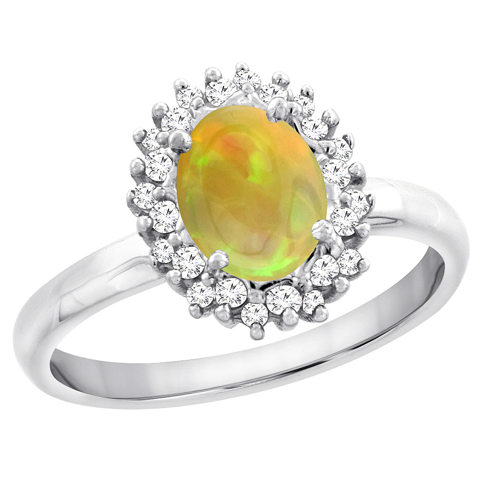 Sabrina Silver 10K White Gold Diamond Natural Ethiopian Opal Engagement Ring Oval 7x5mm, size 5 - 10