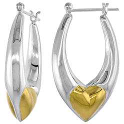 Sabrina Silver Sterling Silver Snap-down-post Hoop Heart Earrings, w/ Gold Plated Heart Accent, 1 7/16" (36 mm) tall